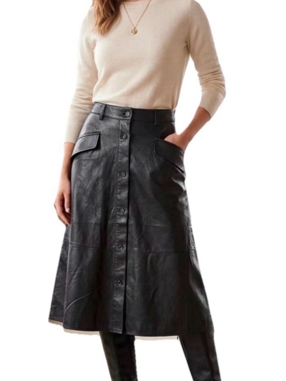 Banana Republic Classic Black Leather Button-Front Midi Skirt - Size 10